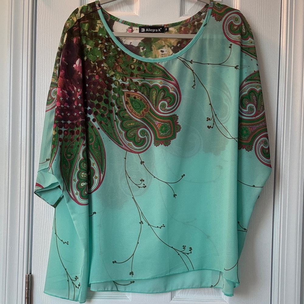 Allegra K Women's Paisley Print Round Neck Chiffon Sheer Blouse
